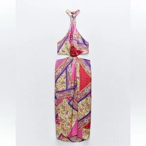 ZARA PATCHWORK PRINTED HALTER NECK MIDI DRESS